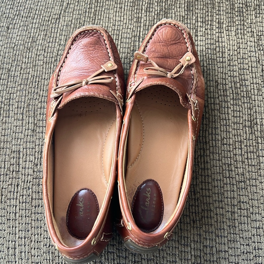 Brown Clark’s Artisan loafers. Gently worn
